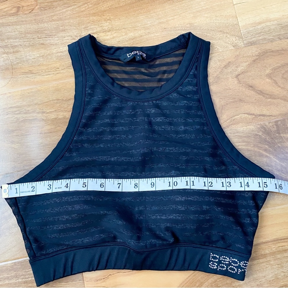 🔥Bebe Sports Bra Black Striped Sheer Sweat Wicking Workout Gym Yoga Running L - Picture 8 of 8